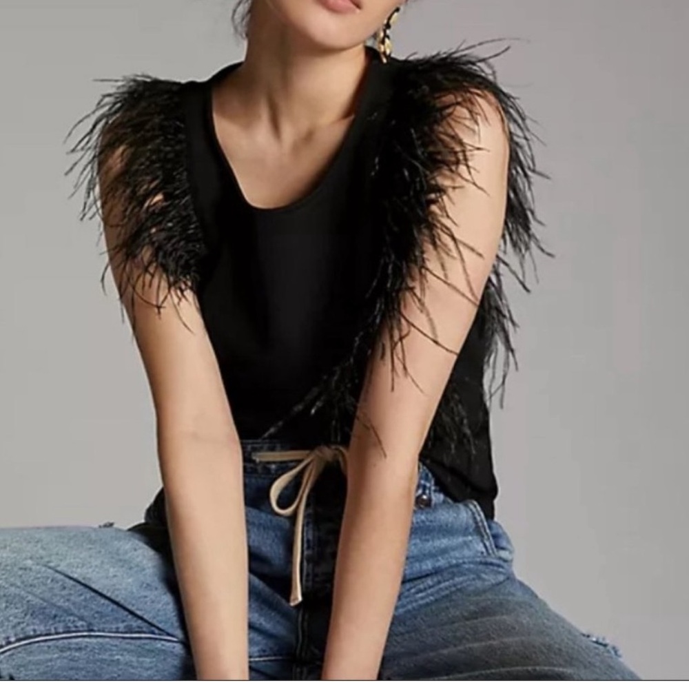 Anthro black tank w feathers Eva Franco